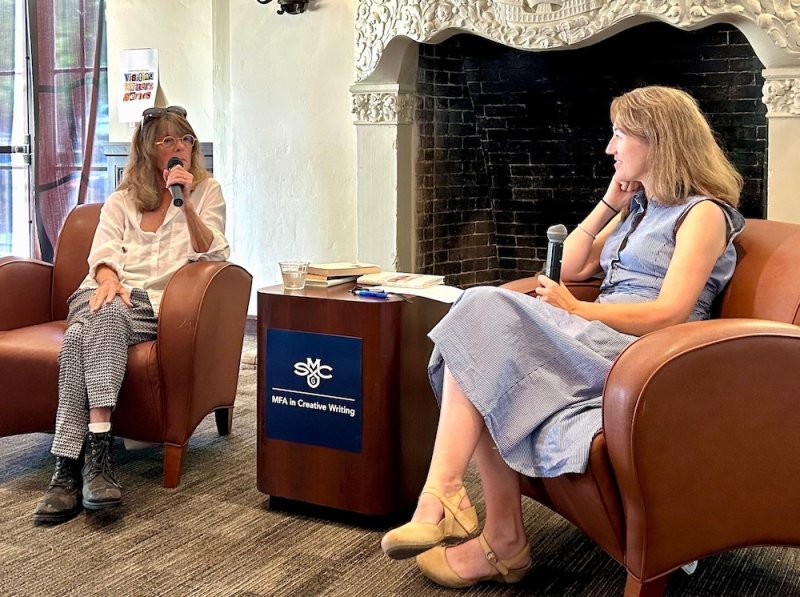 Dorianne Laux, left, discussing her work with Rachel Richardson, in September 2024