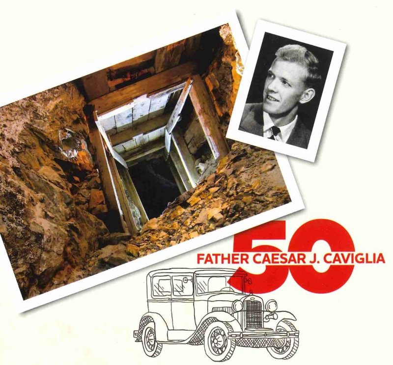 Collage of an underground tunnel, a Model A car, and portrait of Father Caesar Caciglia