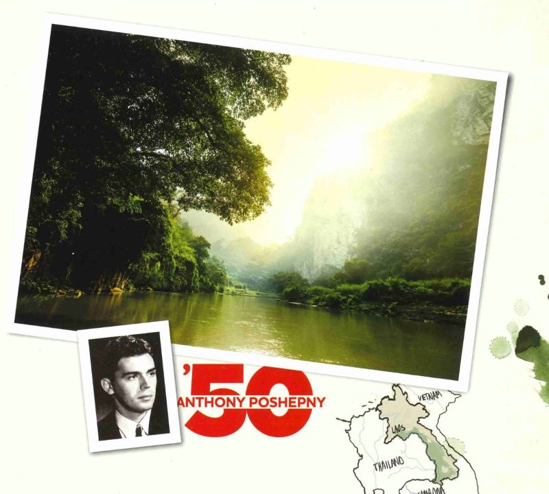Landscape of Laos waterway with headshot of Tony Po