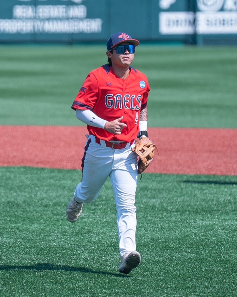 Gaels baseball player Cody Kashimoto runs on the field at NCAA Tournament in 2025