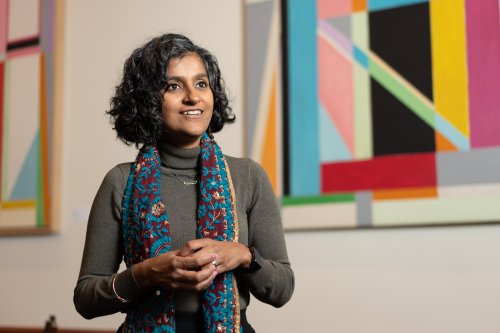 Bhattacharya in front of a colorful background