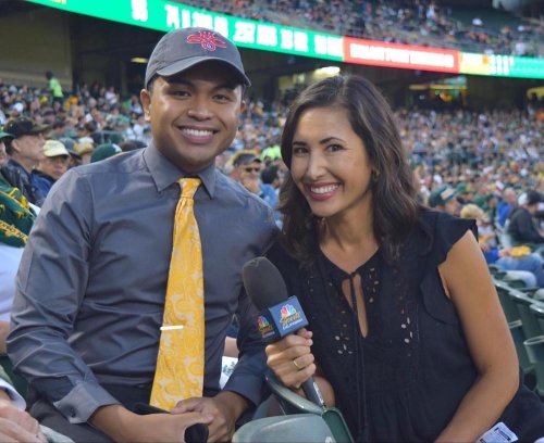 Student Brandon Cadiz and report Kara Tsuboi at Oakland A's game