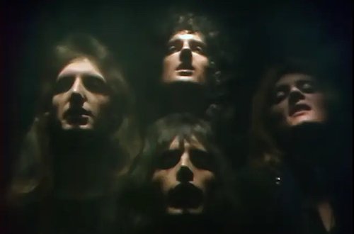 Four faces from video of Queen's video "Bohemian Rhapsody"