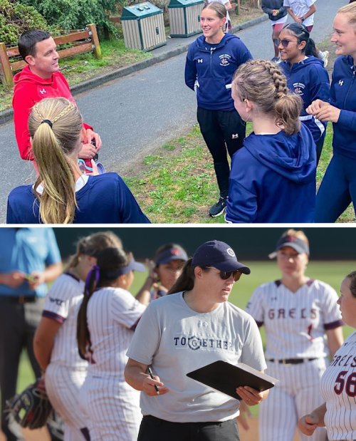 Coaches of the Year Marty Kinsey, with cross-country team (above), and Sonja Garnett, with softball team (below)