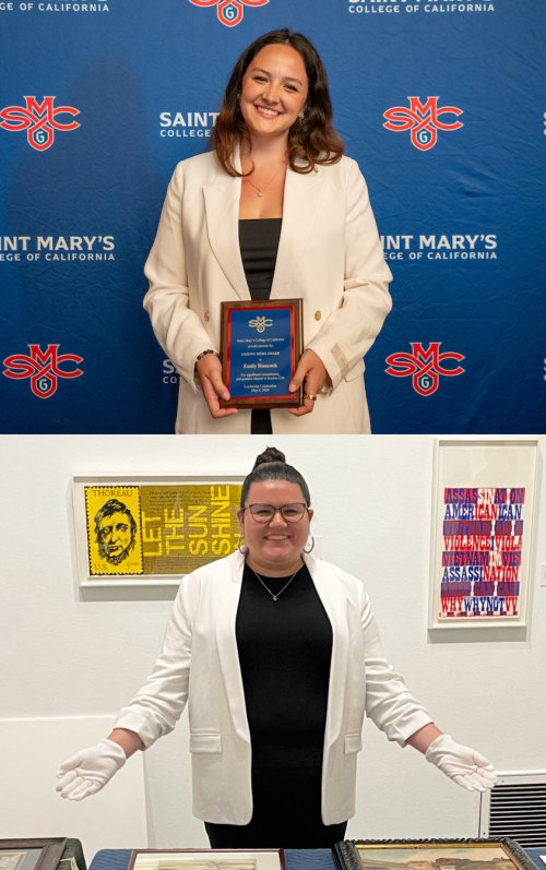 Two photos: on top, student Emily Hancock holds plaque for 2024 Student Leadership Awards; Bottom, Izzy Ruiz in SMC Museum of Art
