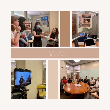 Collage of four pictures. In one picture three women are listening to a lady where she is explaining other one is a podcast flyer. In the third image, its a screen of a video recorder and other one a picture of people setting around the table