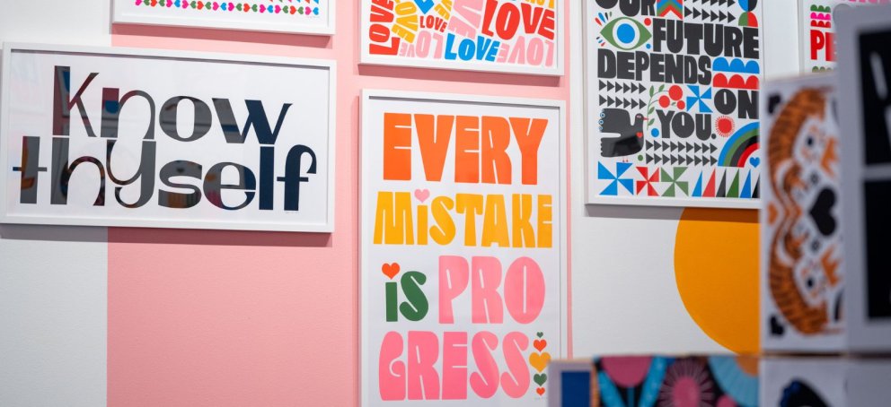 Gallery view of exhibition "Hold it Lightly" featuring serigraphs by Lisa Congdon.