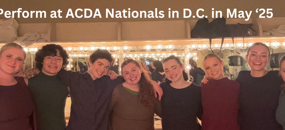 A group of 8 dancers from Erica Hardy's ACDA award-winning dance routine smile for the camera with mirror lights in the background from the dressing room.