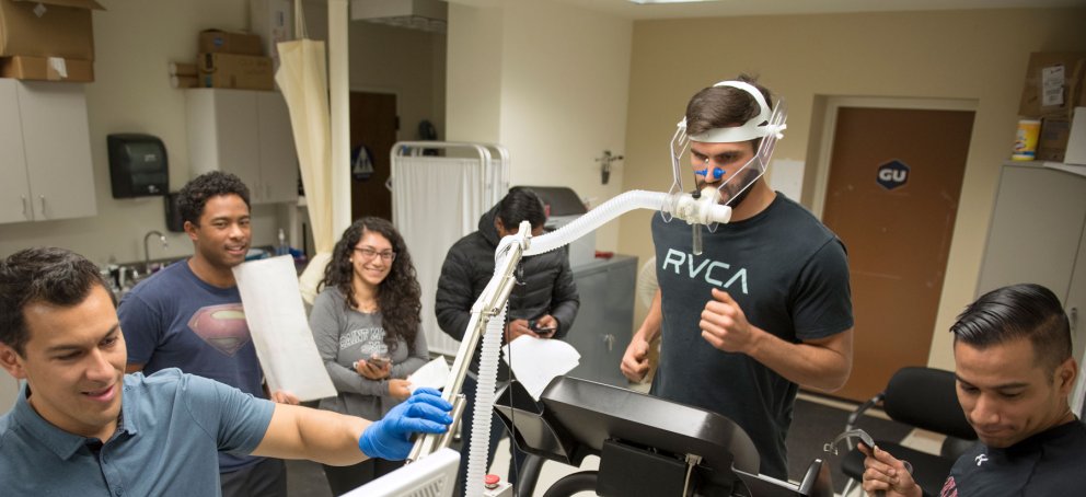 Kinesiology student studying exercise breathing