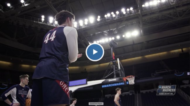 Back of basketball player Alex Ducas, No. 44, at practice for NCAA Tournament in March 2023