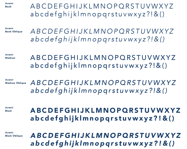 Avenir Book, Book Oblique, Medium, Medium Oblique, Black, Black Oblique,