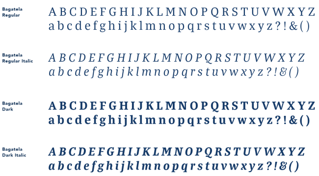 Bagatela Regular, Regular Italic, Dark, Dark Italic