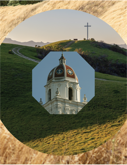The Saint Mary's College chapel with a hill behind it and dry grass in the background
