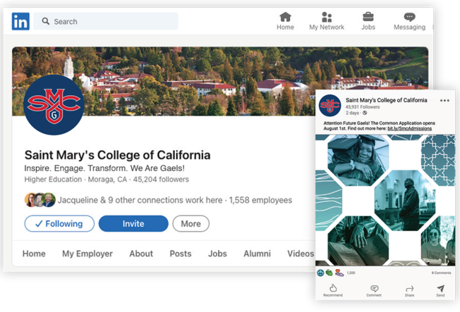 Saint Mary's LinkedIn profile with a grid of octagons