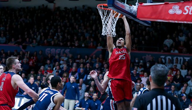 Men's basketball player Mason Forbes dunks against Gonzaga in March 2024