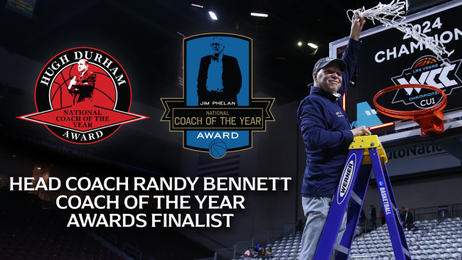 Men's basketball coach Randy Bennett and text Head Coach Randy Bennett Coach of the Year Awards Finalist with 2 logos