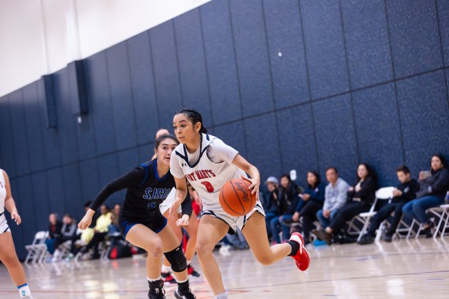 To the Hoop: No 8 Chloe Aguilar dribbles against the San Jose State Opponent on Feb 17 to shoot a layup at the Joseph L. Alioto Recreation Center in front of family &amp; friends who came out to support the first home game for the team.