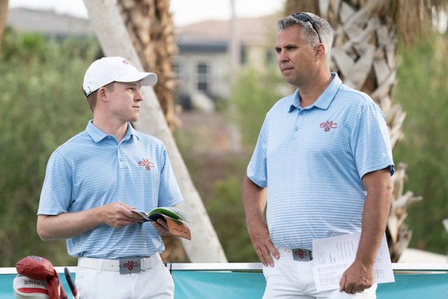 Saint Mary’s Gaels golfer Evan Peterson and men's golf volunteer assistant coach Jeremy Niederstadt during the WCC Golf Championships in 2021