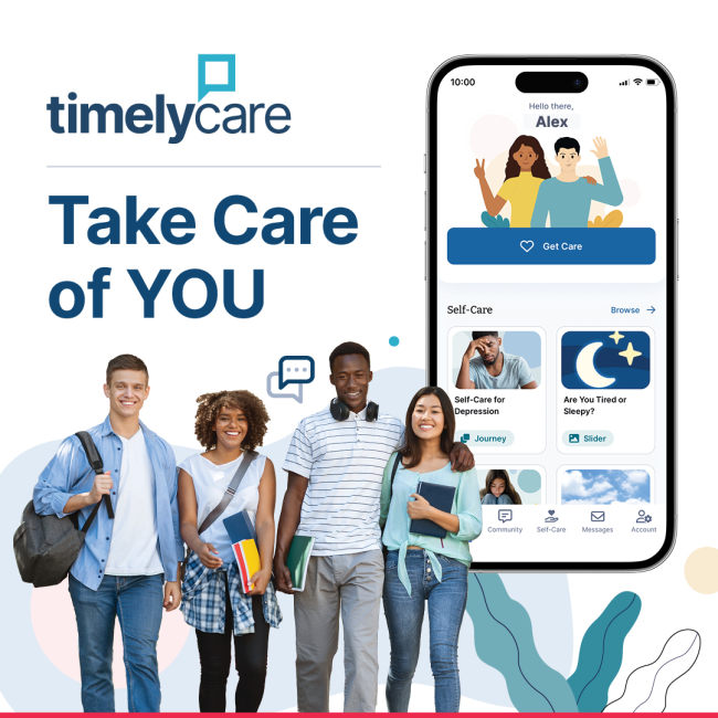 The Timely Care app screen with text that says Take Care of You