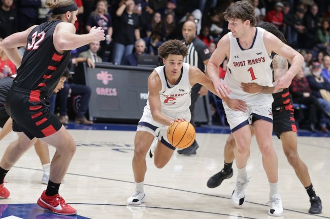 Men's Basketball player Jordan Ross drives against Stanislaus State in November 2024