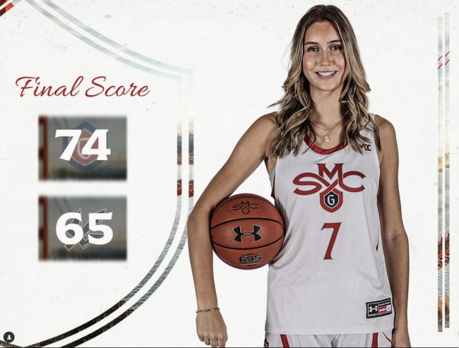 Women's Basketball player Edie Clark next to graphic with text: Final Score, 74-65