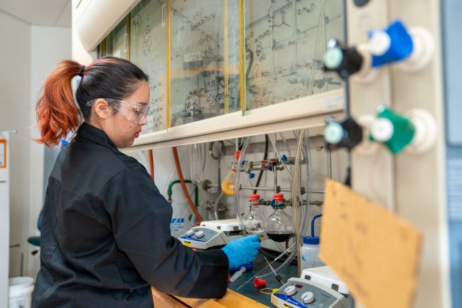 Student conducting research in Amy Chu's research lab
