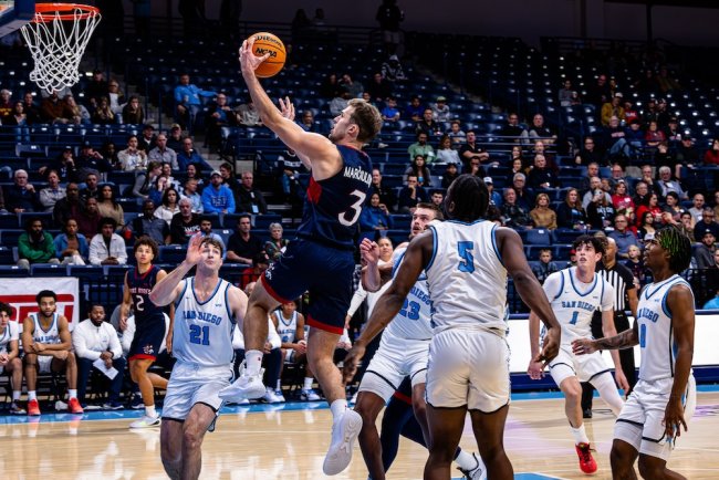 Men's Basketball Player Augustas Marciulionis shoots against San Diego in January 2025