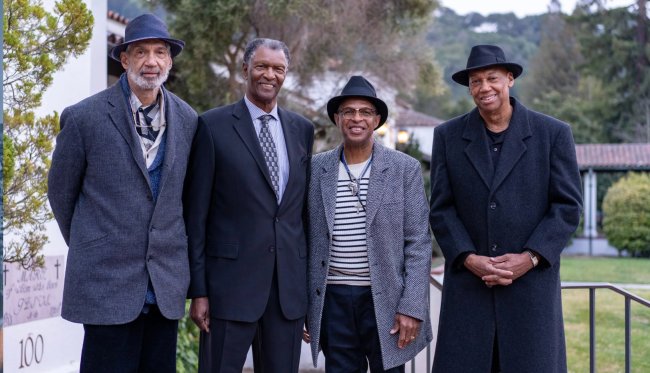 Group shot of 4 our of 5 Basketball Walkout athletes, 50 years later