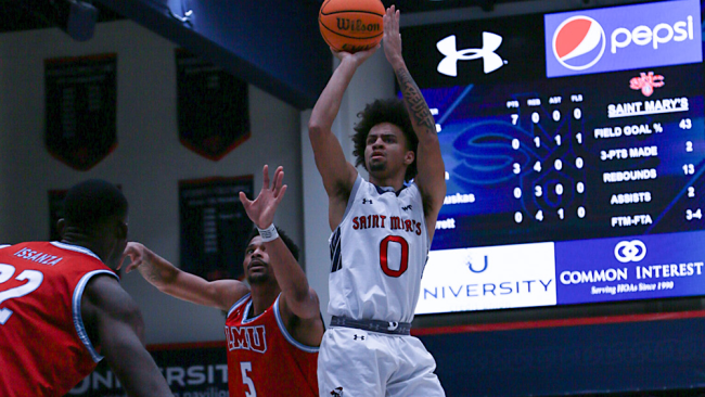 Men's Basketball player Mikey Lewis shoots against LMU in January 2025