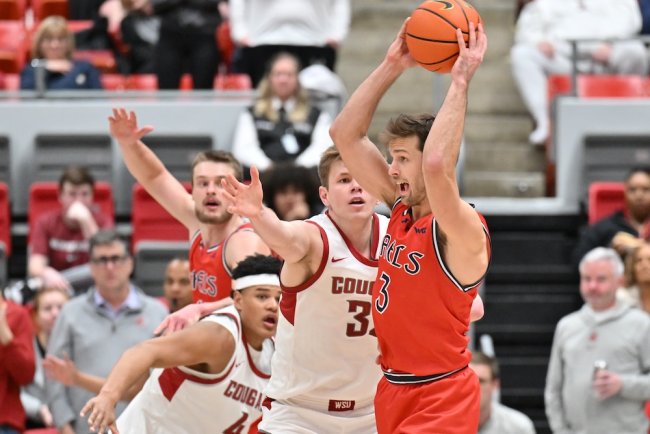 Men's Basketball Augustas Marciulionis shoots against WSU in January 2025