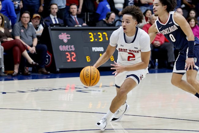 men's basketball Jordan Ross player drives against Gonzaga on February 1, 2025
