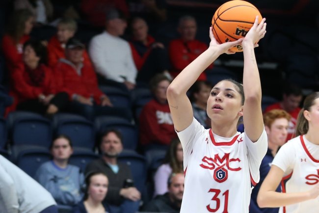 Women's basketball player Nadia Bernard shoots a ball when the Gaels play UC Riverside in 2025