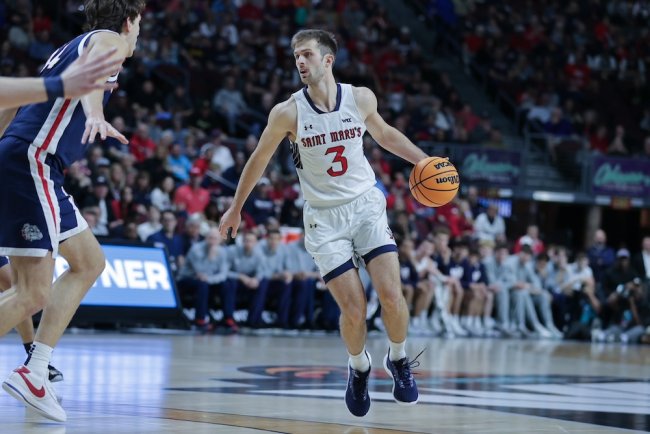 Men's Basketball player Augustas Marciulionis drives against Gonzaga in 2025 WCC Tournament Finals