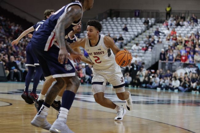 Men's Basketball player Jordan Ross drives against Gonzaga in 2025 WCC Tournament Finals