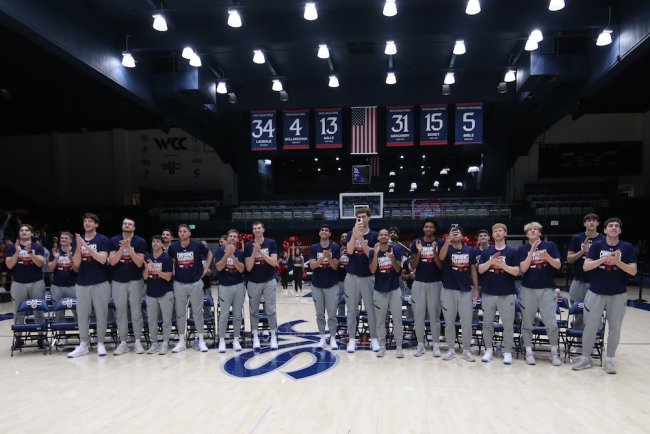 Men's Basketball team on the court on Selection Sunday 2025