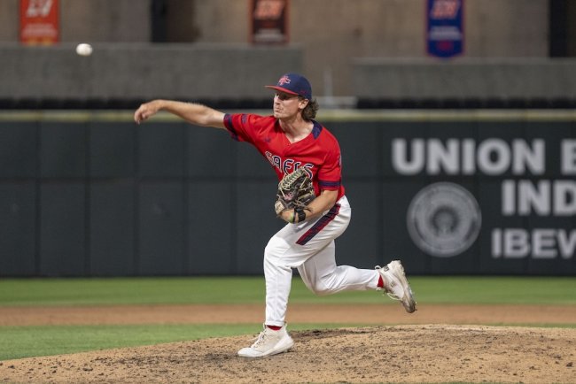 Baseball player John Damozonio in Game 1 of 2025 WCC Championship doubleheader against San Diego