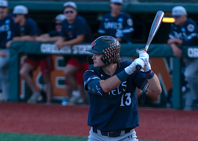 Baseball player Eddie Madrigal at bat at NCAA Tournament May 2025
