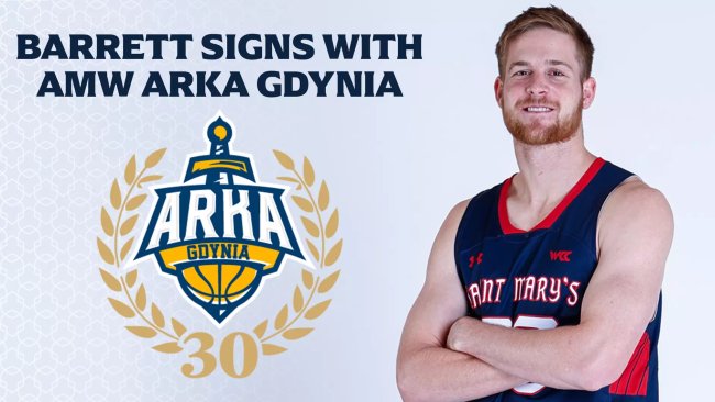 Basketball player Luke Barrett and text "Barrett signs with AMW Arkansas Gdynia"