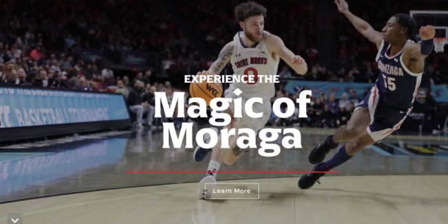 Basketball player Logan Johnson and text Experience the Magic of Moraga