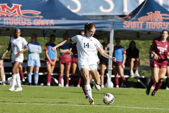 SMC Women's Soccer Player Savannah Schwarze kicks against Santa Clara on Nov. 8, 2025