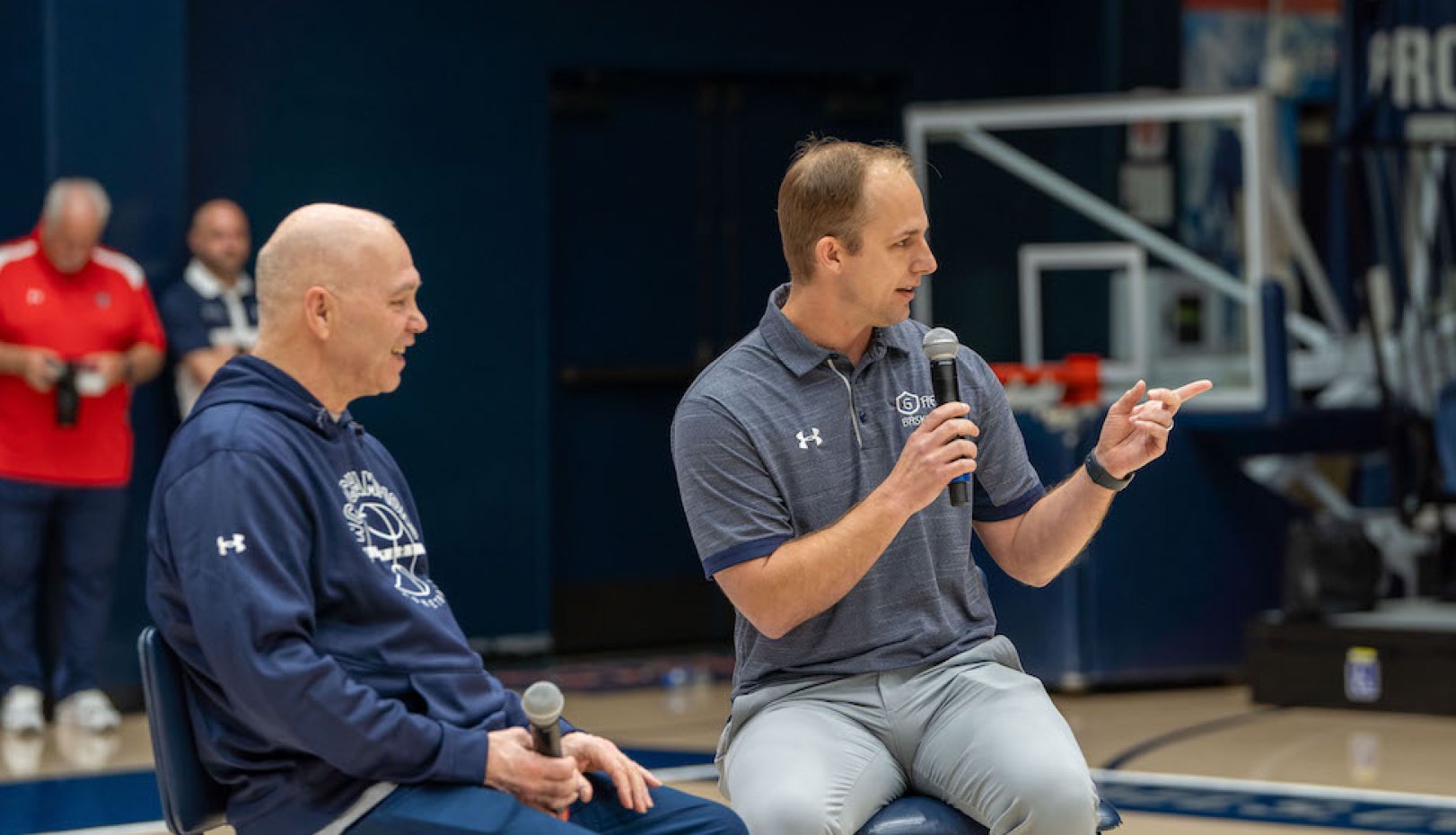 Coach Randy Bennett talks with announcer Alex Jensen at 2024 NCAA Selection Sunday