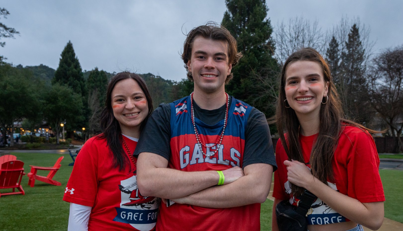 Students smiling outside before men's basketball game vs. Gonzaga 2024