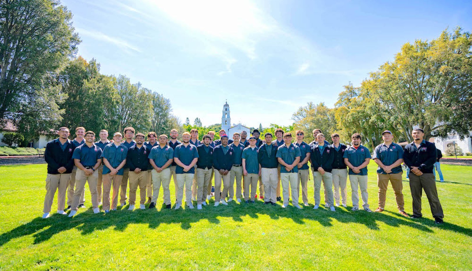 Men's Rugby team poses on the Chapel Lawn at SMC at the sendoff celebration for the 2024 National Championships
