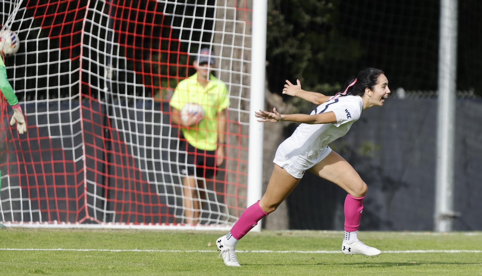 Women's soccer player celebrates after a goal on October 26 2024