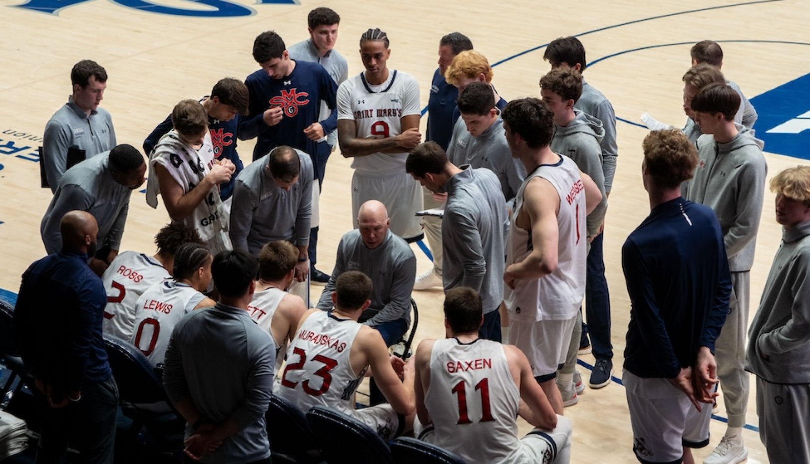 Men's Basketball Coach Randy Bennett talks with players