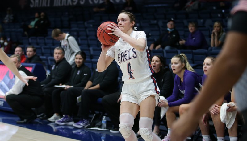 Women's basketball player Taycee Wedin shoots a 3-pointer against Portland in February 2022