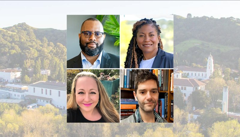 Four Saint Mary's faculty members against a campus backdrop - faculty award winners 2023