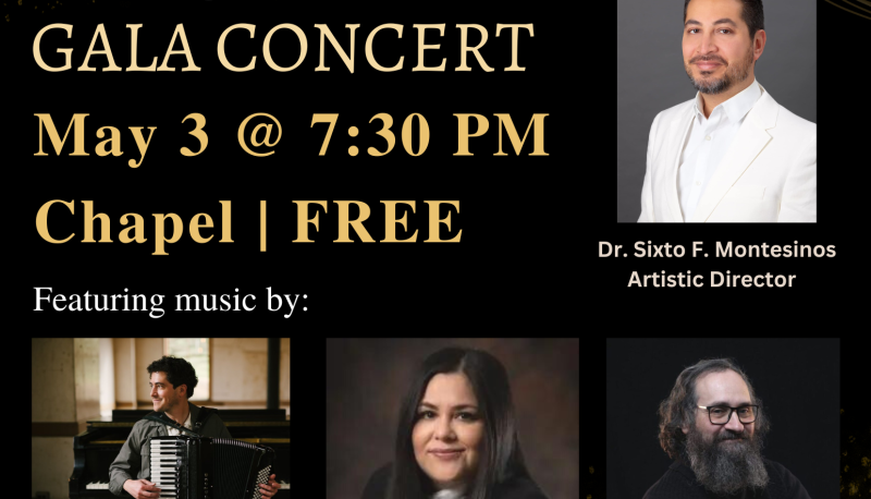 Gala Concert flyer with image of Dr. Sixto Montesinos and composers Sam Reider, Nubia Jaime Donjuan