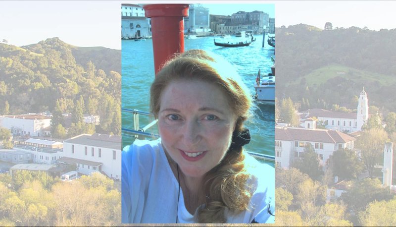Saint Mary's Professor Costanza Dopfel and a screened-back image of the SMC Campus