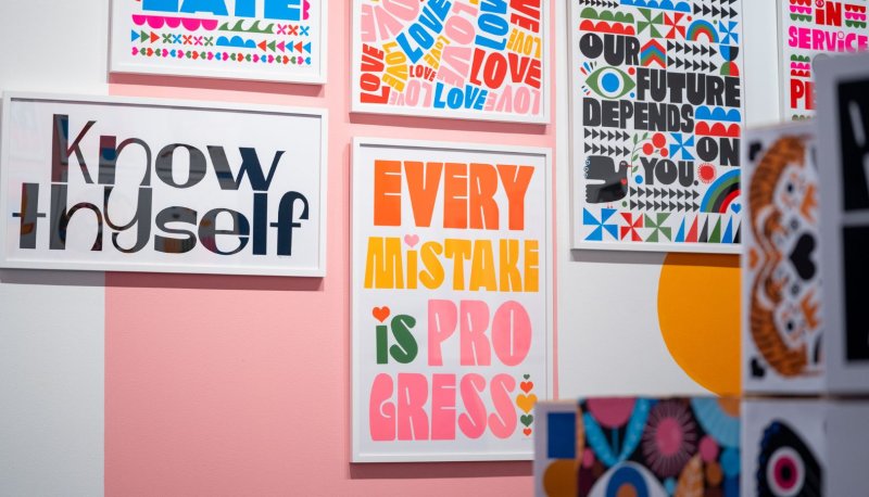 Gallery view of exhibition "Hold it Lightly" featuring serigraphs by Lisa Congdon.